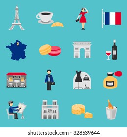 France icons flat set with wine coffee and cheese isolated vector illustration