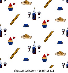 France icons seamless pattern. Sketch vector illustration, doodle elements, Isolated France national elements, Travel to France pattern for cards and web pages