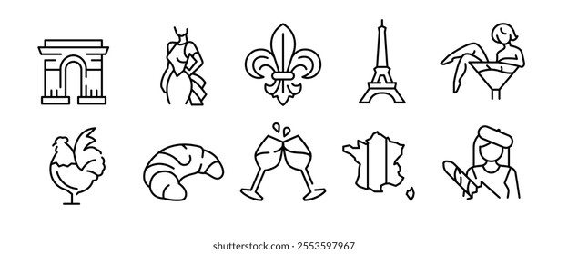 France icons. Set of 10 France-themed trendy minimal icons. Eiffel Tower, Arc de Triomphe, Cock, Croissant. Design signs for web pages, apps, and travel-themed projects. Vector illustration