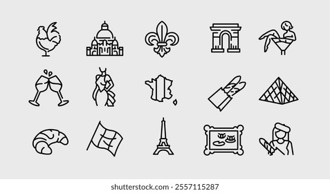 France icons. Set of 15 France-themed trendy minimal icons. Eiffel Tower, Arc de Triomphe, Louvre Pyramid, Croissant. Design signs for web pages, apps, and travel-themed projects. Vector illustration