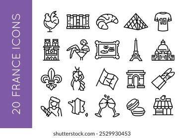 Iconos de Francia. Conjunto de 20 iconos mínimos de moda con temática de Francia. Torre Eiffel, Arco del Triunfo, Pirámide del Louvre, Croissant. Diseña letreros para páginas de Web, App y proyectos con temas de viajes. Ilustración vectorial