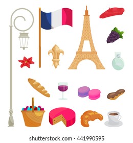 France icons set in cartoon style isolated on white background