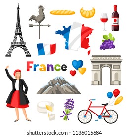 France icons set. French traditional symbols and objects.