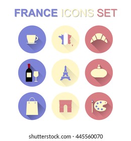 France icons set with long shadow. Flat design vector illustration