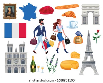 France icons set with sightseeing symbols flat isolated vector illustration