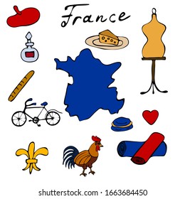 France icons set. Sketch vector illustration, doodle elements, Isolated France national elements, Travel to France icons for cards and web pages, Paris symbols collection