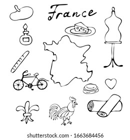 France icons set. Sketch vector illustration, doodle elements, Isolated France national elements, Travel to France icons for cards and web pages, Paris symbols collection