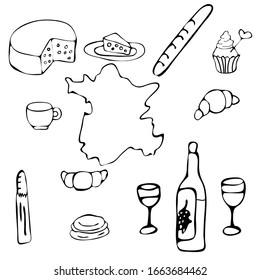 Los iconos de Francia están establecidos. Esbozo ilustración vectorial, elementos doodle, elementos nacionales de Francia aislada, iconos de viaje a Francia para tarjetas y páginas web, colección de símbolos de París