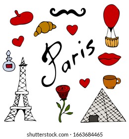 Los iconos de Francia están establecidos. Esbozo ilustración vectorial, elementos doodle, elementos nacionales de Francia aislada, iconos de viaje a Francia para tarjetas y páginas web, colección de símbolos de París