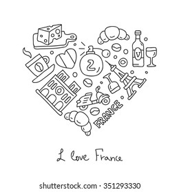 France. Icons in the shape of a heart. The inscription "I love France." Vector illustration on white background.