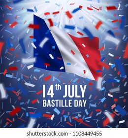 France Independence Greeting. 14 July Happy Bastille day greeting card with colorful flying confetti and national flag of of France. Red, white, blue design with blurred rays.