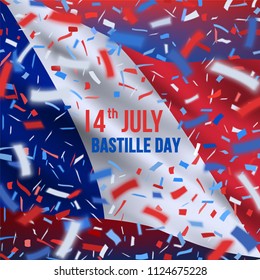 France Independence Greeting. 14 July Happy Bastille day greeting card with colorful flying confetti and national flag of of France. Red, white, blue design.