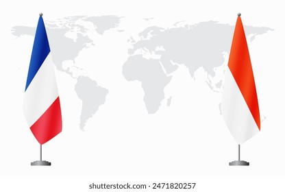 France and Indonesia flags for official meeting against background of world map.