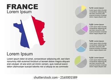 France infographic general use vector template with pie chart, copy space statistics idea, France country flag map with graphic, presentation idea, blank area graph for data, grey background