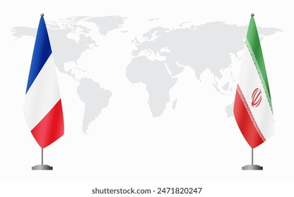 Banderas de Francia e Irán para reunión oficial contra fondo de mapa mundial.