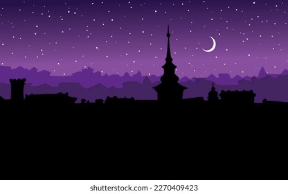 France Italy age UK England place belfry spire dome roof tree scenic view purple even star moon text space. Black hand drawn Poland German center road way scene gothic Czech Italian art style sketch