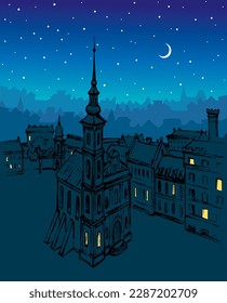 France Italy age UK England place belfry spire dome roof tree scenic view blue even star moon text space. Big black hand drawn Poland German center road way scene gothic Czech Italian art style sketch