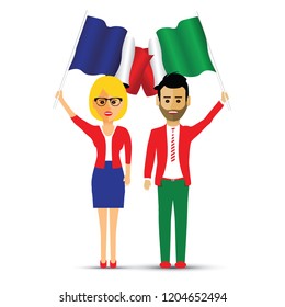 france and italy flag waving couple