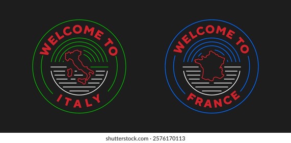 France and Italy travel logo. Welcome to France. Welcome to Italy. Neon style, editable stroke. Thin vector icon set