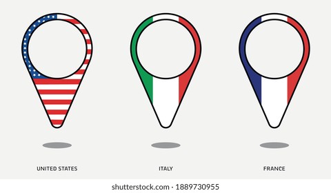 FRANCE, ITALY AND USA LOCATION ICONS