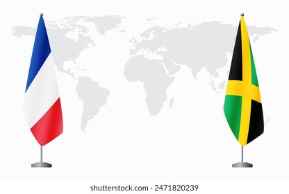 France and Jamaica flags for official meeting against background of world map.