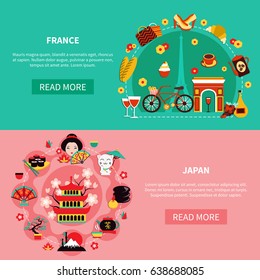 France and japan horizontal banners with elements of national historic and modern culture flat vector illustration