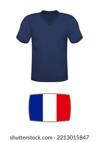 Kit de fútbol jersey de Francia. Campeonato Mundial de Fútbol 2022. Camiseta nacional y bandera del equipo de fútbol con fondo blanco. Ilustración vectorial.