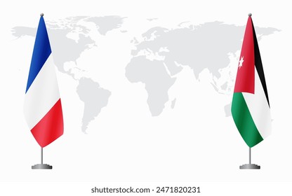 France and Jordan flags for official meeting against background of world map.