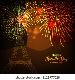 france - july 14th. fireworks over the eiffel tower wirh france tricolor flag. background design. 