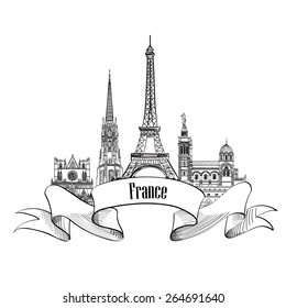 France label. Famous french architectural landmarks. Visit France banner.