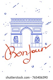 France landmark in brand france flag color. Modern creative design card. Vector illustration hand drawn. Arc de Triomphe