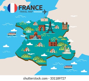 France landmark and travel map. Flat design elements and icons. vector illustration