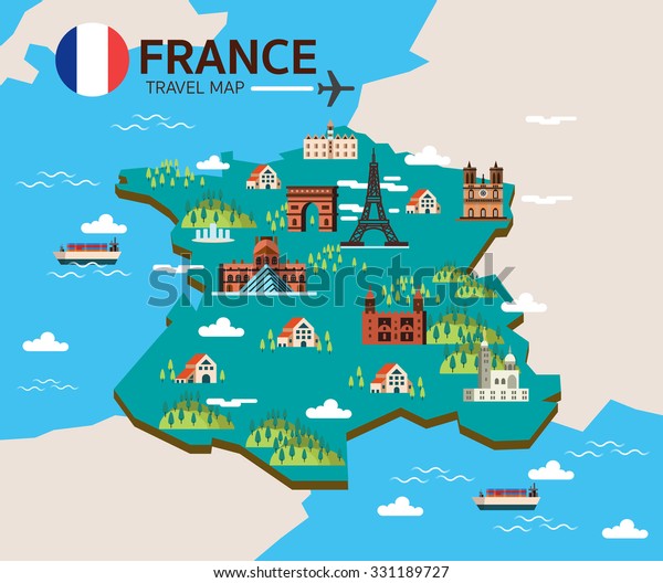 フランスのランドマークと旅行の地図 フラットなデザインエレメントとアイコン ベクターイラスト のベクター画像素材 ロイヤリティフリー