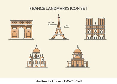 France Landmarks Building Lineal Icon Pack - Landmarks Building Icon Vector Illustration Concept. 