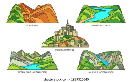 Frankreichs Wahrzeichen und Nationalparks, Reise- und Fremdenverkehrsziele, Vektorflache Symbole. Französische Naturlandschaften und Landschaftslandschaften - Seen, Berge und Schlösser in Mercantour und Calanque