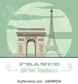France landmarks. Retro styled image. Vector illustration