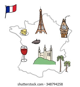 France Landmarks Vector Map - Paris, Lyon, Cannes, Strasbourg, Cheese, Wine And Beret.