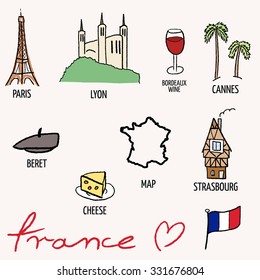 France landmarks vector set - Paris Eiffel Tower, Lyon, Cannes, Strasbourg, cheese, wine and beret.