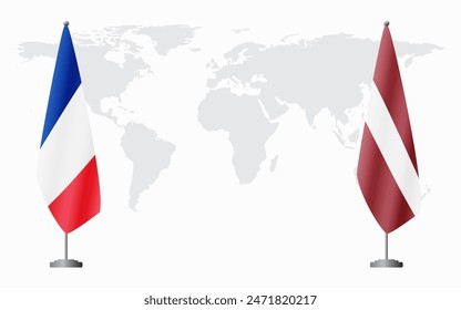 France and Latvia flags for official meeting against background of world map.