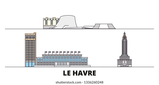 France, Le Havre flat landmarks vector illustration. France, Le Havre line city with famous travel sights, skyline, design. 