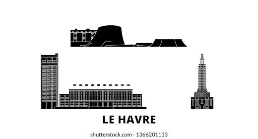 France, Le Havre flat travel skyline set. France, Le Havre black city vector illustration, symbol, travel sights, landmarks.