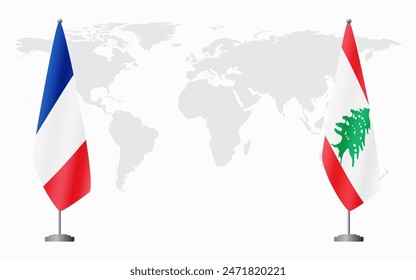 Banderas de Francia y Líbano para reunión oficial contra fondo de mapa mundial.