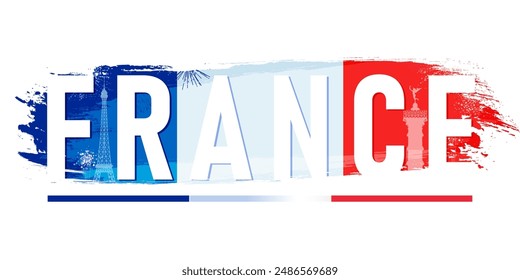 France, lettering design for t-shirt. Vector typography with national flag, Eiffel tower and Place Chatelet monument for National Day holiday or travel concept