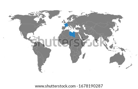 France, Libya countries highlighted on world map. Business concepts, Economic, trade relations.