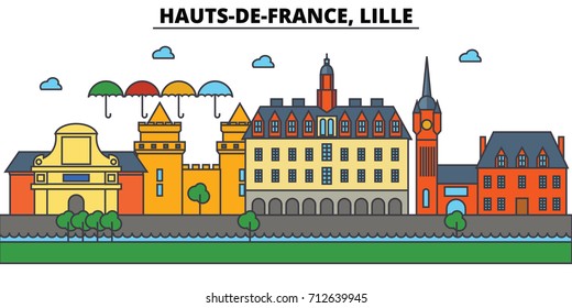 France, Lille, Hauts De France . City skyline: architecture, buildings, streets, silhouette, landscape, panorama, landmarks. Editable strokes. Flat design line vector illustration. Isolated icons set