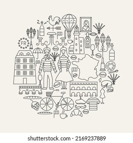 France Line Icons Circle. Vector Illustration of Outline Design.