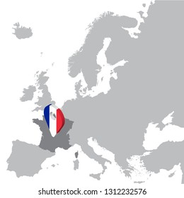 France Location Map on map Europe. 3d France flag map marker location pin. High quality map France.  Vector illustration EPS10.