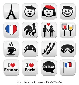 France, I love Paris vector buttons set
