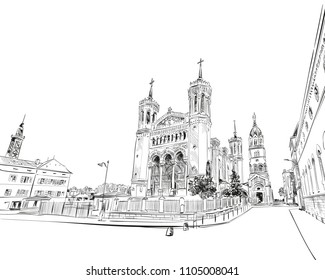 France. Lyon. Basilica of Notre-Dame de Fourvière. Hand drawn sketch. Vector illustration.