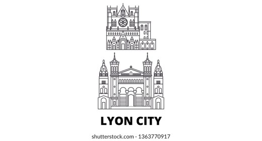 France, Lyon City line travel skyline set. France, Lyon City outline city vector illustration, symbol, travel sights, landmarks.